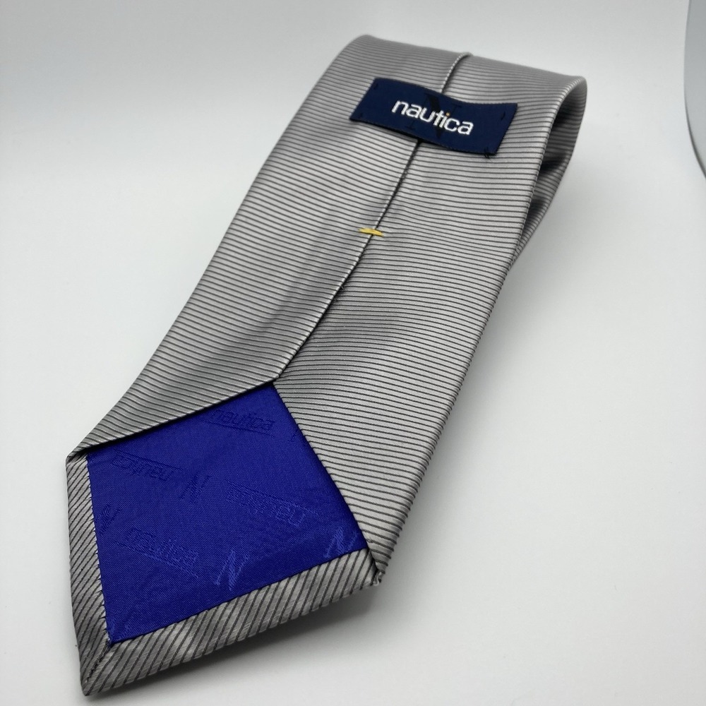 NAUTICA Tie MENS 100% Silk‎ Necktie Silver Black Striped